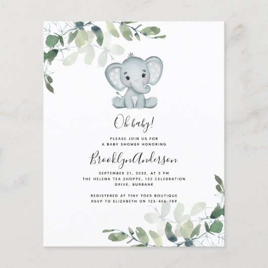 BUDGET Elephant Eucalyptus Baby shower Uitnodiging (Voorkant)