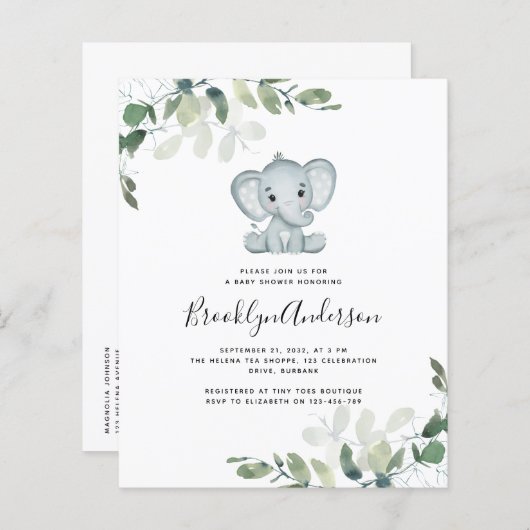 BUDGET Elephant Eucalyptus Baby shower Uitnodiging (Voorkant / Achterkant)