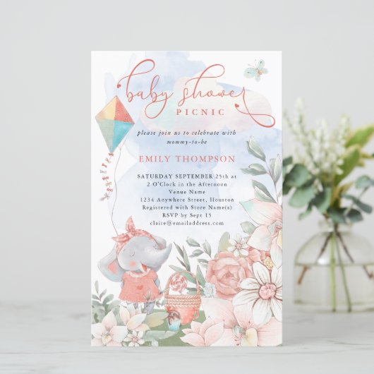 Budget Elephant Florals Baby shower Picnic Invite (Staand voorkant)