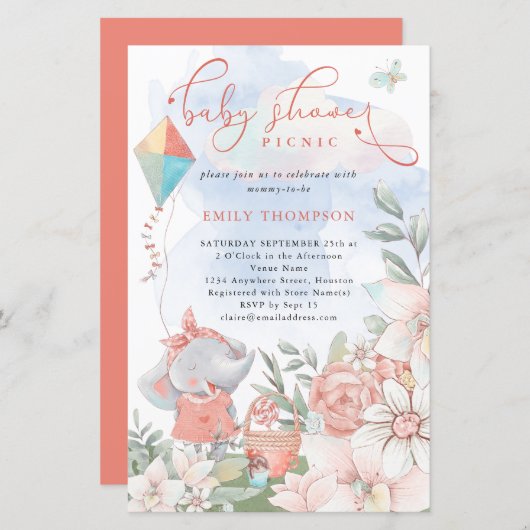 Budget Elephant Florals Baby shower Picnic Invite (Voorkant / Achterkant)