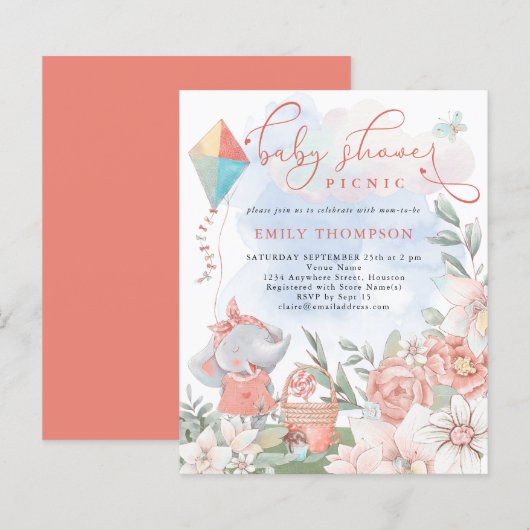 Budget Elephant Florals Baby shower Picnic Invite (Voorkant / Achterkant)