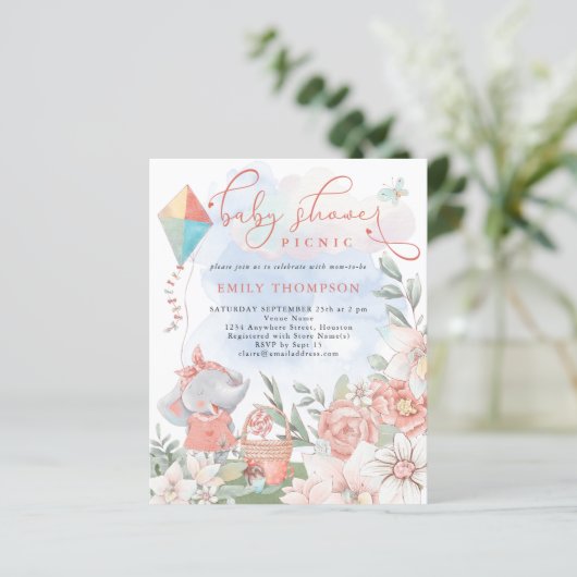 Budget Elephant Florals Baby shower Picnic Invite (Staand voorkant)