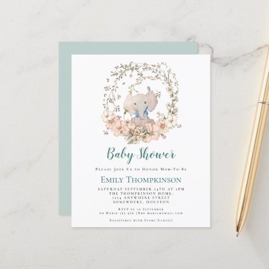 Budget Elephant Foliage Boy Baby shower Uitnodigin (Voorkant / Achterkant in situ)