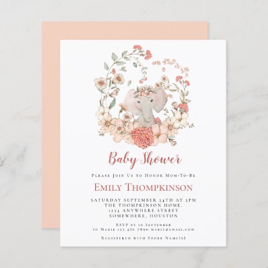Budget Elephant Foliage Peach Baby shower nodigt u (Voorkant / Achterkant)