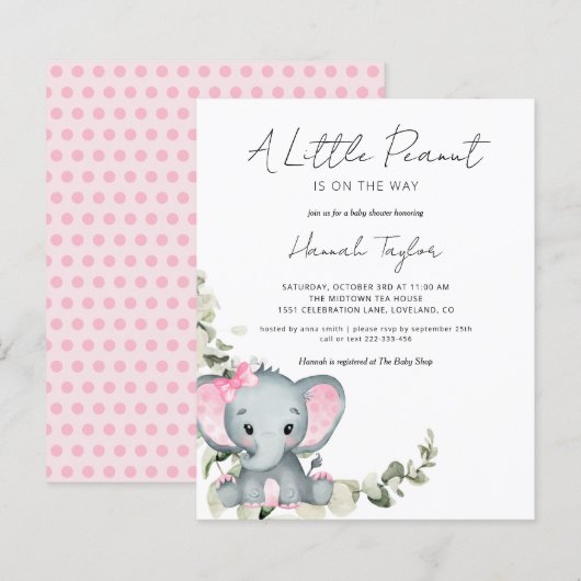 Budget Elephant Girl Baby shower Invitation (Voorkant / Achterkant)