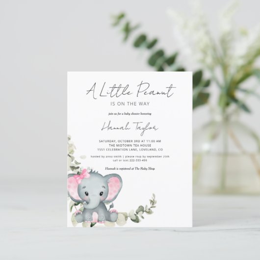 Budget Elephant Girl Baby shower Invitation (Staand voorkant)