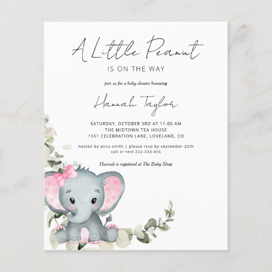 Budget Elephant Girl Baby shower Invitation (Voorkant)
