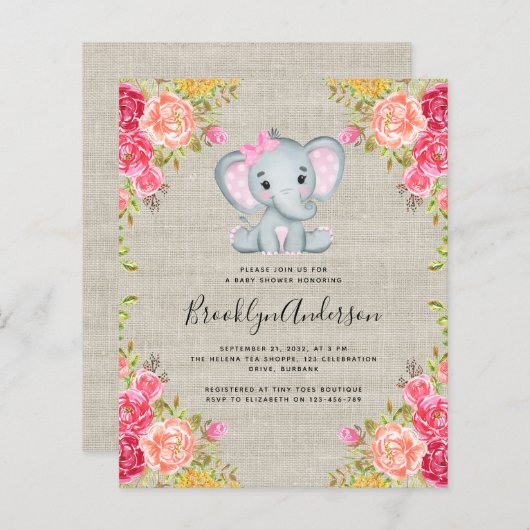 BUDGET Elephant Girl Baby shower Invitation (Voorkant / Achterkant)