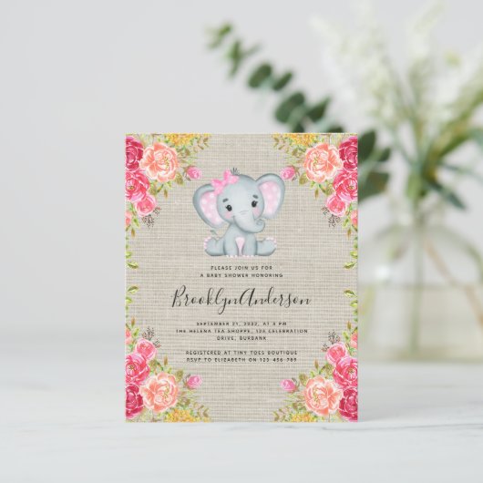 BUDGET Elephant Girl Baby shower Invitation (Staand voorkant)
