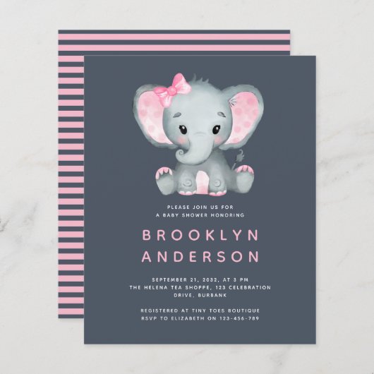 BUDGET Elephant Girl Baby shower Invitation (Voorkant / Achterkant)