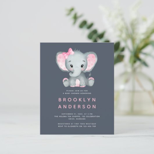 BUDGET Elephant Girl Baby shower Invitation (Staand voorkant)