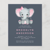 BUDGET Elephant Girl Baby shower Invitation (Voorkant)