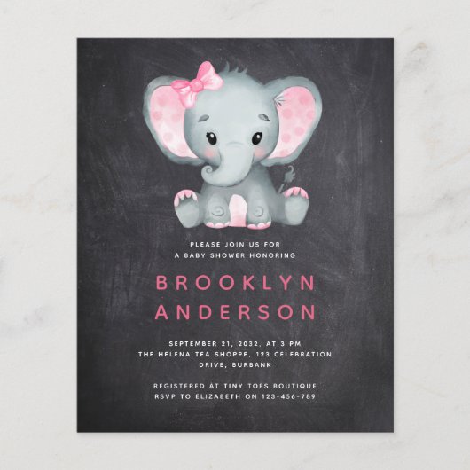 BUDGET Elephant Girl Baby shower Invitation (Voorkant)