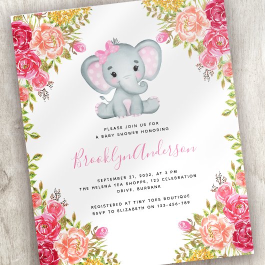 BUDGET Elephant Girl Baby shower Invitation