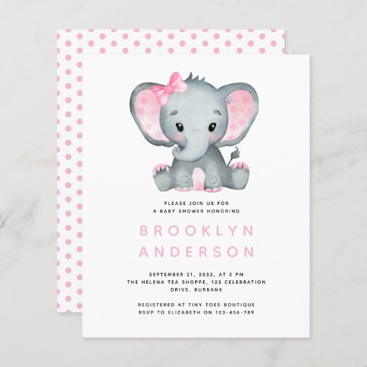 BUDGET Elephant Girl Baby shower Invitation (Voorkant / Achterkant)
