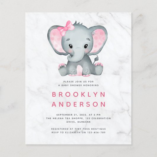 BUDGET Elephant Girl Baby shower Invitation (Voorkant)