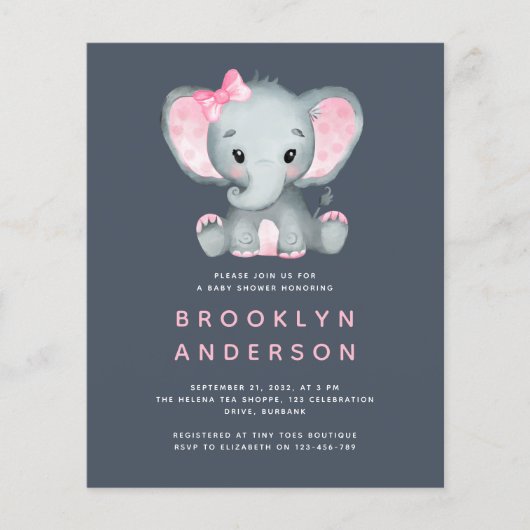 BUDGET Elephant Girl Baby shower Invitation (Voorkant)