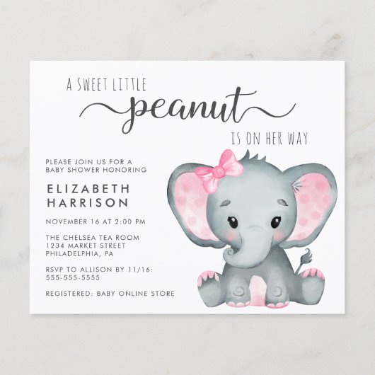 Budget Elephant Girl Baby shower Invitation (Voorkant)