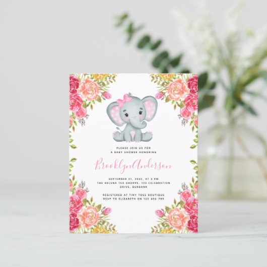 BUDGET Elephant Girl Baby shower Invitation (Staand voorkant)