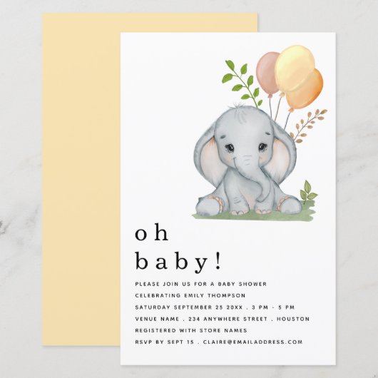 Budget Elephant Girl Boy Baby shower Yellow Invite (Voorkant / Achterkant)