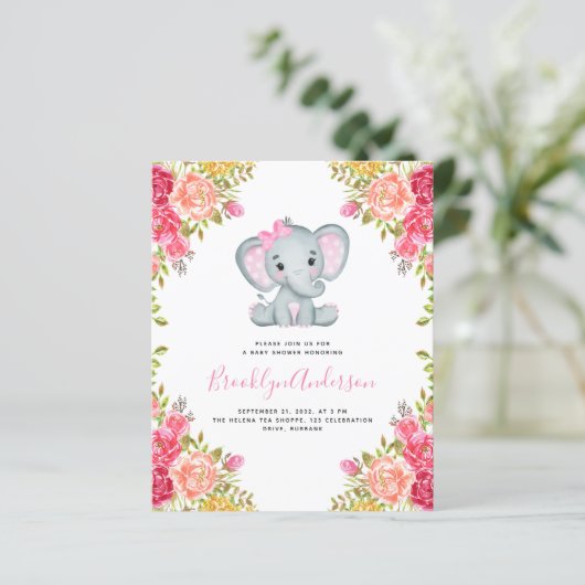 BUDGET Elephant Girl Photo Baby shower Invitation (Staand voorkant)