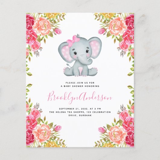BUDGET Elephant Girl Photo Baby shower Invitation (Voorkant)