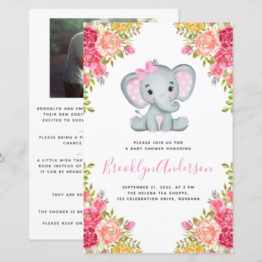 BUDGET Elephant Girl Photo Baby shower Invitation (Voorkant / Achterkant)