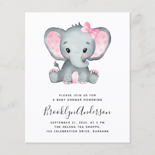 BUDGET Elephant Girl Photo Baby shower Invitation (Voorkant)