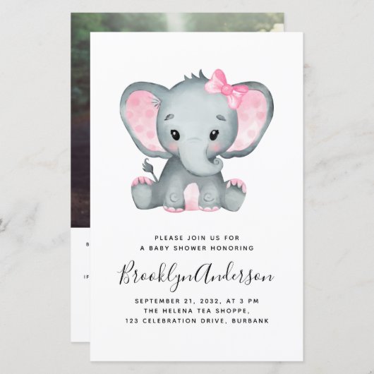 BUDGET Elephant Girl Photo Baby shower Invitation (Voorkant / Achterkant)