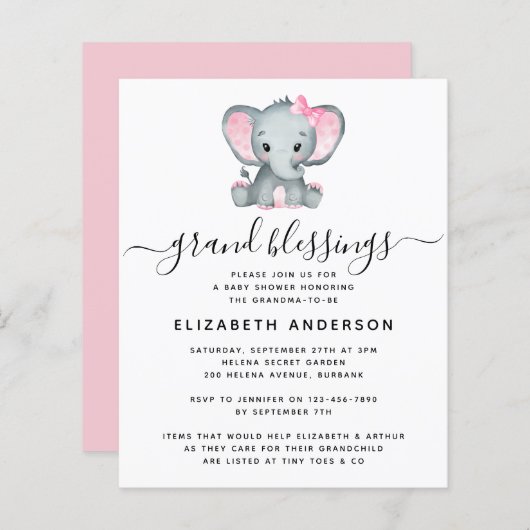 BUDGET Elephant Grandma Baby shower Uitnodiging (Voorkant / Achterkant)