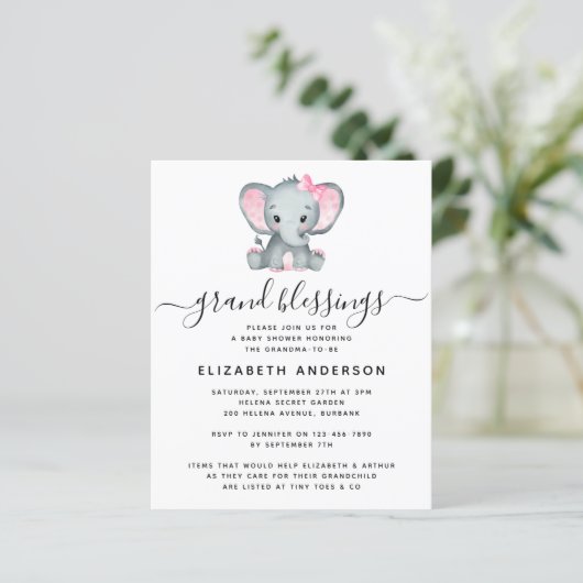 BUDGET Elephant Grandma Baby shower Uitnodiging (Staand voorkant)