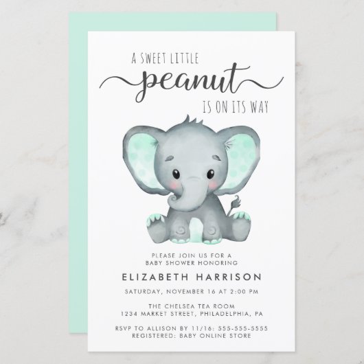 Budget Elephant Mint Baby shower Uitnodiging (Voorkant / Achterkant)