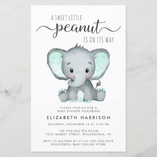 Budget Elephant Mint Baby shower Uitnodiging (Voorkant)