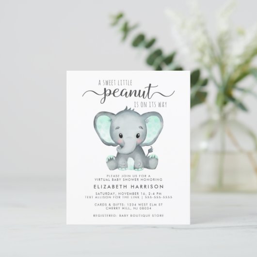 Budget Elephant Mint Virtueel Baby shower nodigt u (Staand voorkant)