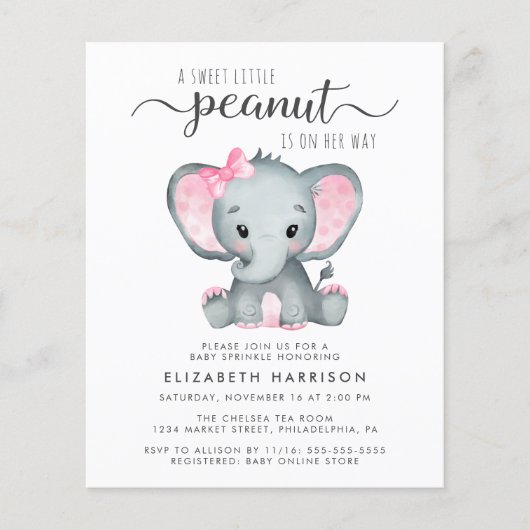 Budget Elephant Pink Baby Girl Uitnodiging (Voorkant)