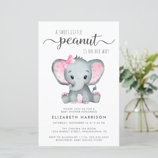 Budget Elephant Pink Baby shower Uitnodiging (Staand voorkant)
