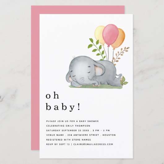 BUDGET Elephant Pink Girl Baby shower Invitation (Voorkant / Achterkant)