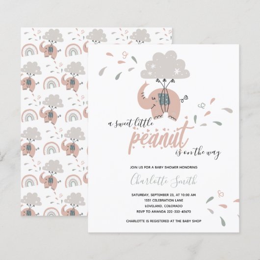 Budget Elephant Pink Girl's Baby shower Invitation (Voorkant / Achterkant)