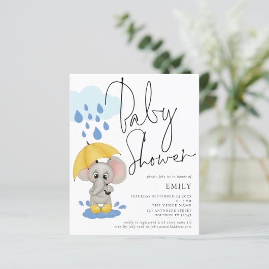 Budget Elephant Rain Baby shower Uitnodigen (Staand voorkant)