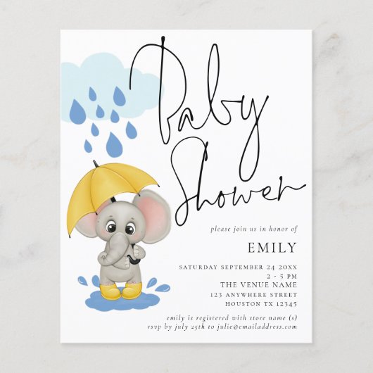 Budget Elephant Rain Baby shower Uitnodigen (Voorkant)
