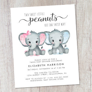 Budget Elephant Twin Boy Girl Baby shower nodigt u