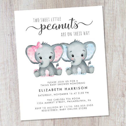 Budget Elephant Twin Boy Girl Baby shower nodigt u