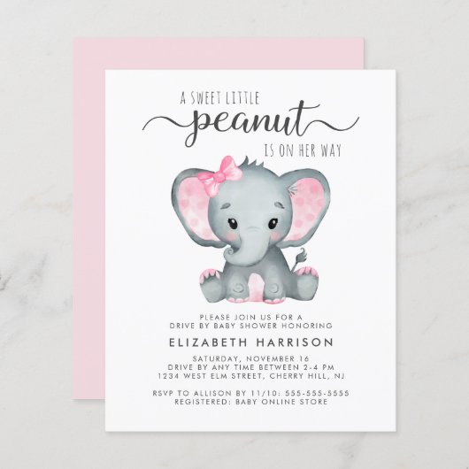 Budget ellephant Baby Girl Drive by Shower Invite (Voorkant / Achterkant)
