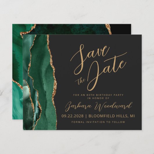 Budget Emerald Agate 80th Birthday Save the Date (Voorkant / Achterkant)