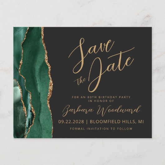 Budget Emerald Agate 80th Birthday Save the Date (Voorkant)