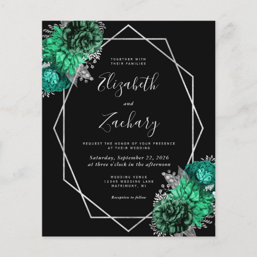 Budget Emerald Bloemen Zilver Zwart QR Code Huweli (Voorkant)