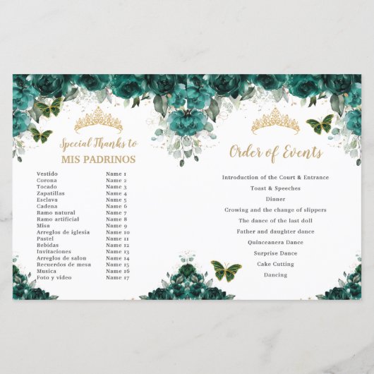 Budget Emerald Floral Quinceanera fotoprogramma's (Achterkant)