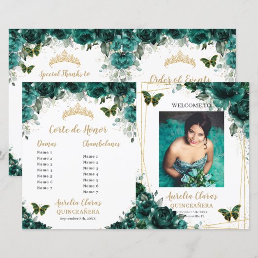Budget Emerald Floral Quinceanera fotoprogramma's (Voorkant / Achterkant)