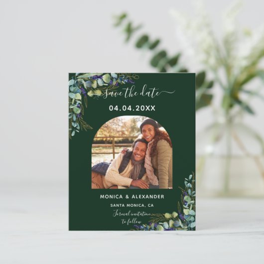 Budget emerald foto qr code bruiloft Save the Date (Staand voorkant)