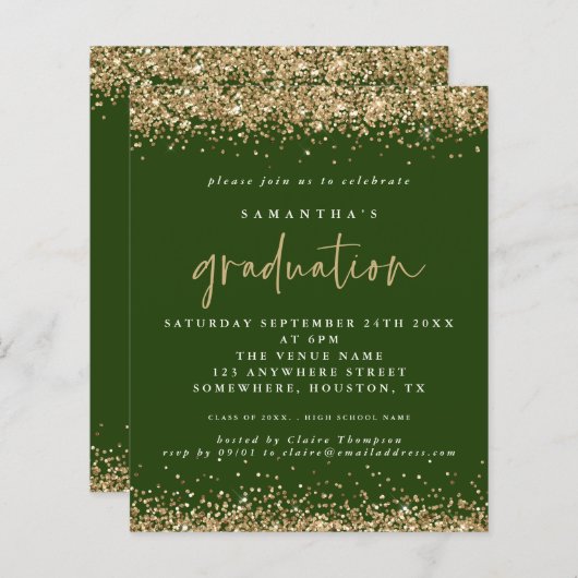 Budget Emerald Gold Glitter 2024 Afstuderen Invite (Voorkant / Achterkant)